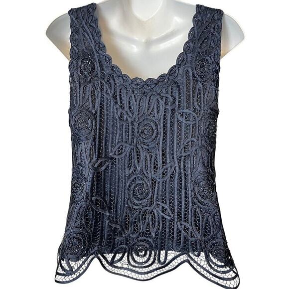 Soulmates Silk Whimsigoth Beaded Crochet Sleeveless Top Soutache Navy Satin sz S - Picture 14 of 16